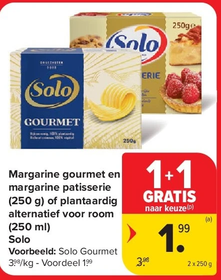 Margarine gourmet en margarine patisserie (250 g) of plantaardig alternatief voor room (250 ml) Solo