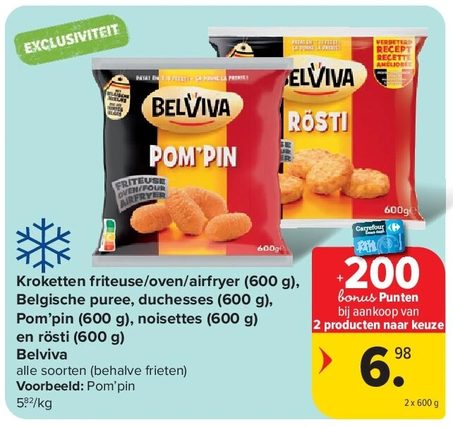 Kroketten friteuse/oven/airfryer (600 g), Belgische puree, duchesses (600 g), Pom’pin (600 g), noisettes (600 g) en rösti (600 g) Belviva