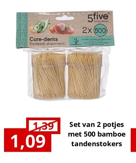 Set van 2 potjes met 500 bamboe tandenstokers