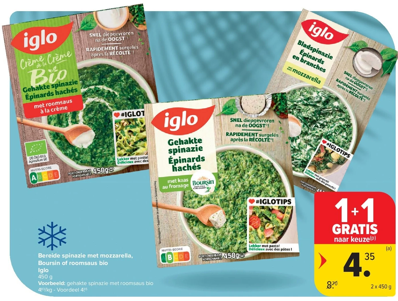 Bereide spinazie met mozzarella, Boursin of roomsaus bio Iglo