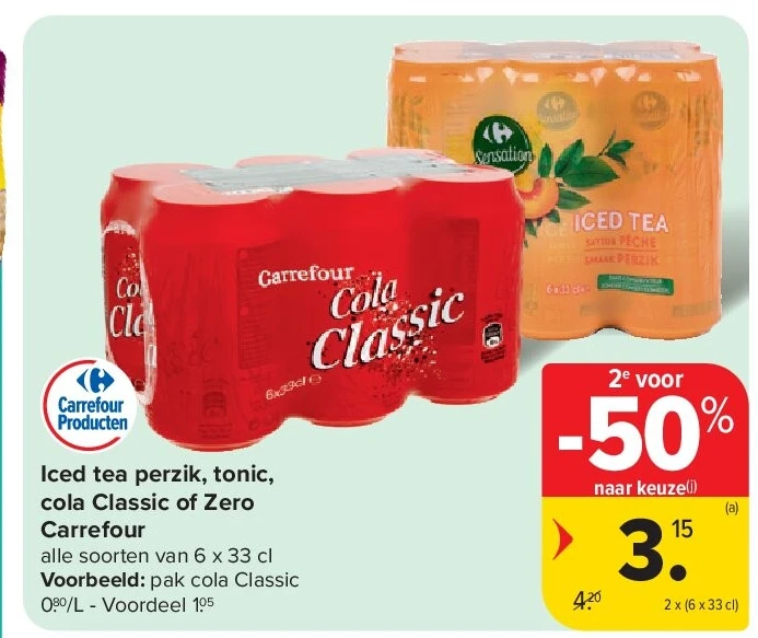 Iced tea perzik, tonic, cola Classic of Zero Carrefour