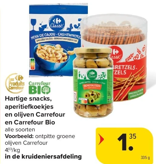 Hartige snacks, aperitiefkoekjes en olijven Carrefour en Carrefour Bio