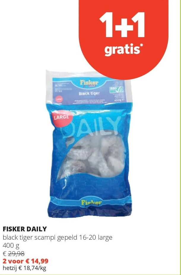 FISKER DAILY black tiger scampi gepeld 16-20 large 400 g