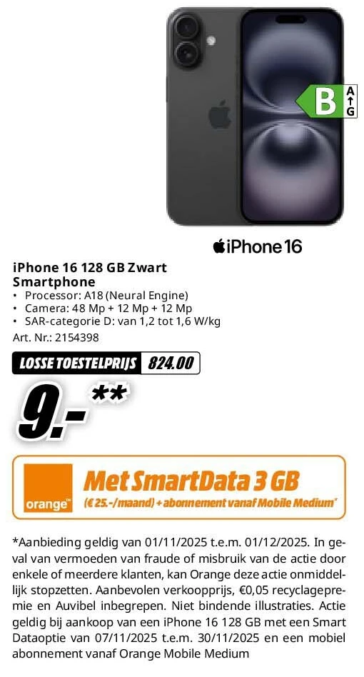 iPhone 16 128 GB Zwart Smartphone