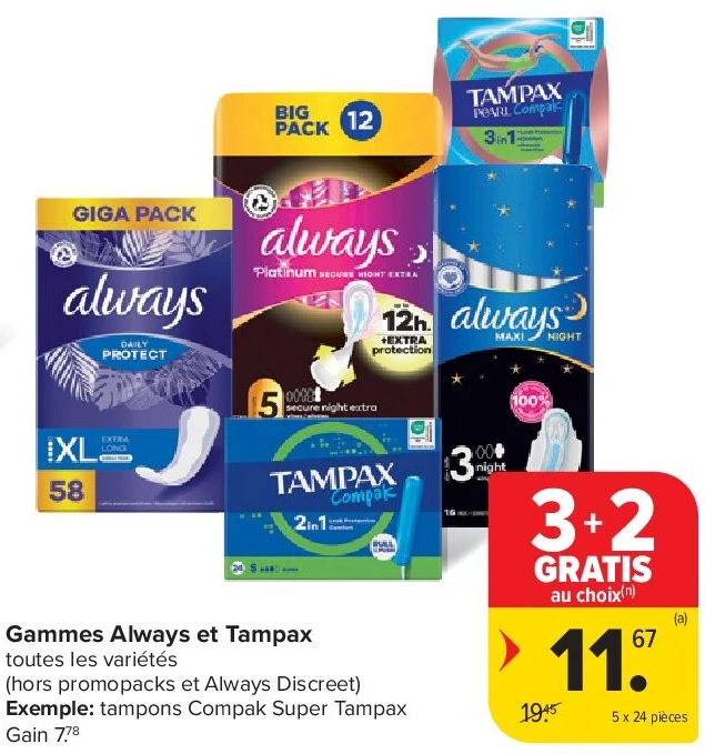 Gammes Always et Tampax 5 x 24 pièces