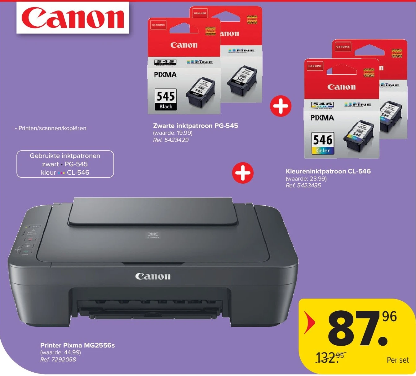 Printer Pixma MG2556s + Zwarte inktpatroon PG-545 + Kleureninktpatroon CL-546