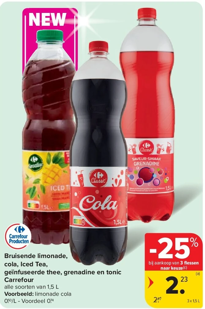 Bruisende limonade, cola, Iced Tea, geïnfuseerde thee, grenadine en tonic Carrefour