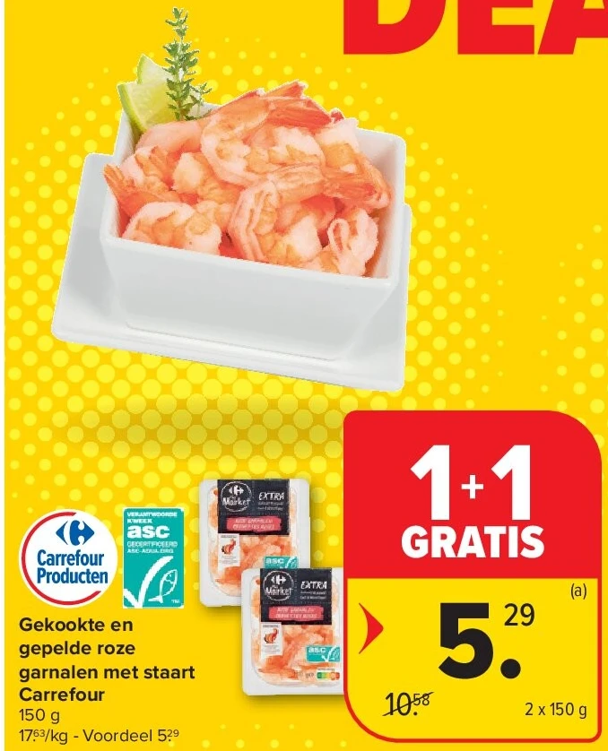 Gekookte en gepelde roze garnalen met staart Carrefour