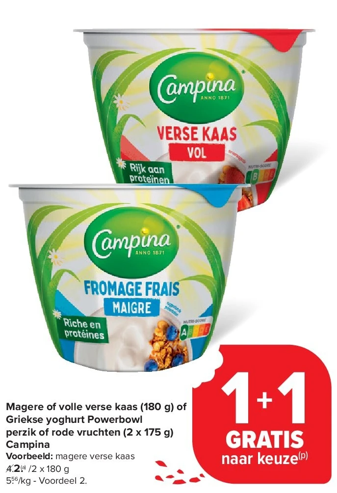 Magere of volle verse kaas (180 g) of Griekse yoghurt Powerbowl perzik of rode vruchten (2 x 175 g) Campina