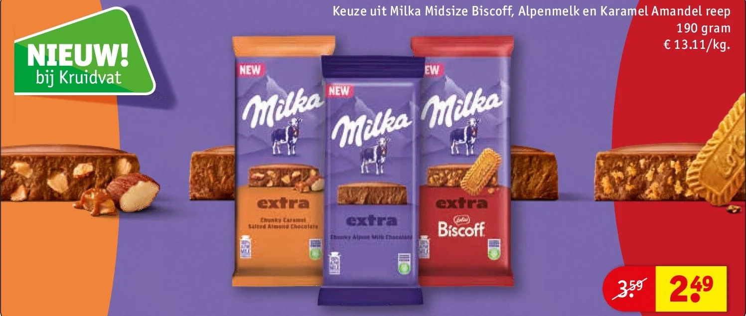 Keuze uit Milka Midsize Biscoff, Alpenmelk en Karamel Amandel reep 190 gram