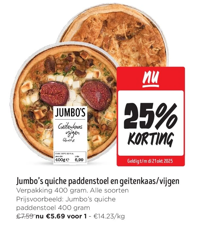 Jumbo’s quiche paddenstoel en geitenkaas/vijgen