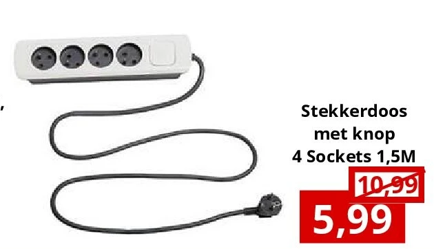 Stekkerdoos met knop 4 Sockets 1,5M