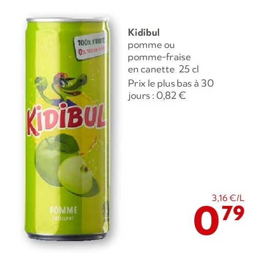 Kidibul pomme ou pomme-fraise en canette 25 cl
