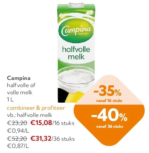 Campina halfvolle of volle melk 1 L