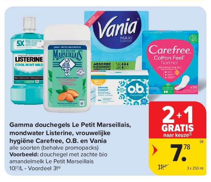 Gamma douchegels Le Petit Marseillais, mondwater Listerine, vrouwelijke hygiëne Carefree, O.B. en Vania