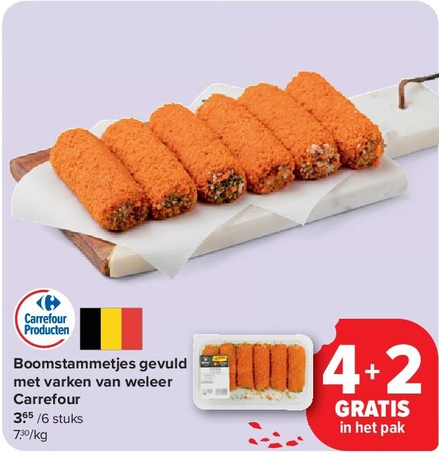 Boomstammetjes gevuld met varken van weleer Carrefour