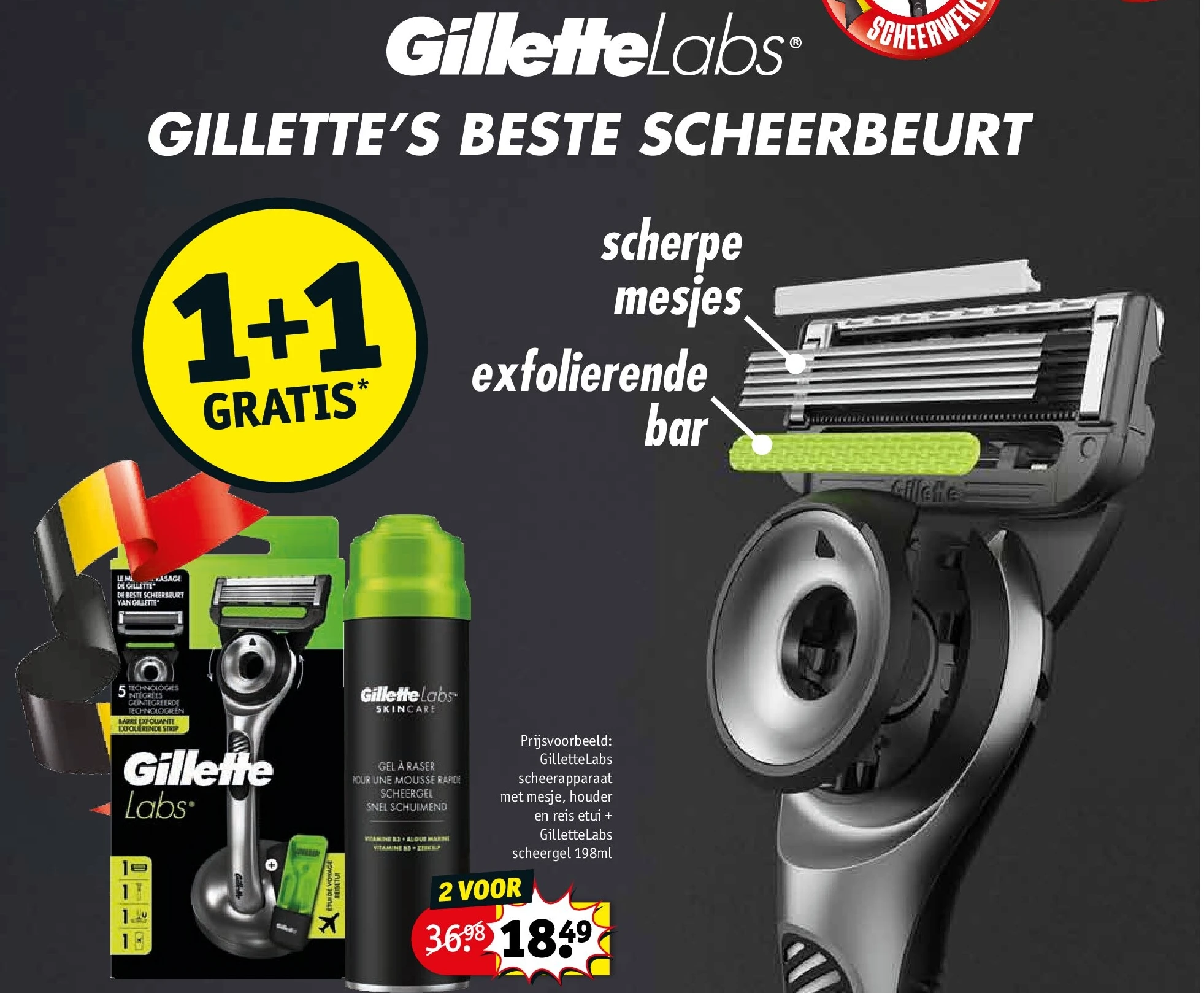 GilletteLabs scheerapparaat met mesje, houder en reis etui + GilletteLabs scheergel 198ml