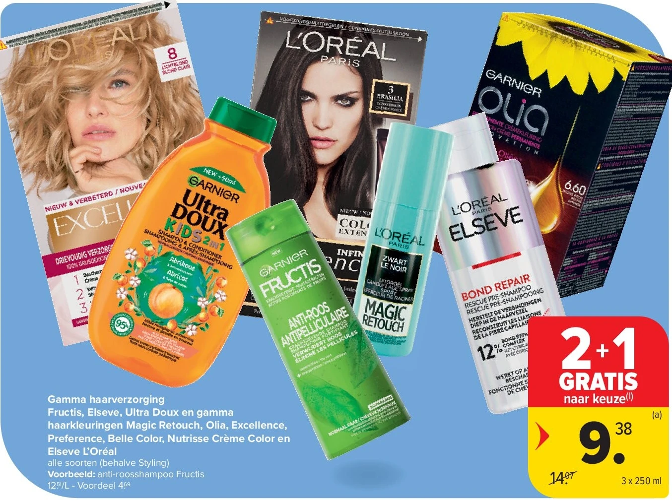 Gamma haarverzorging Fructis, Elseve, Ultra Doux en gamma haarkleuringen Magic Retouch, Olia, Excellence, Preference, Belle Color, Nutrisse Crème Color en Elseve L’Oréal