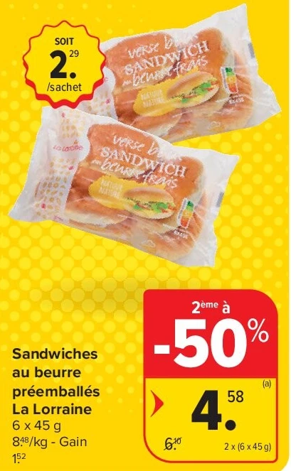Sandwiches au beurre préemballés La Lorraine 2 x (6 x 45 g)