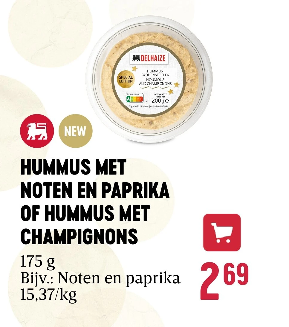 HUMMUS MET NOTEN EN PAPRIKA OF HUMMUS MET CHAMPIGNONS