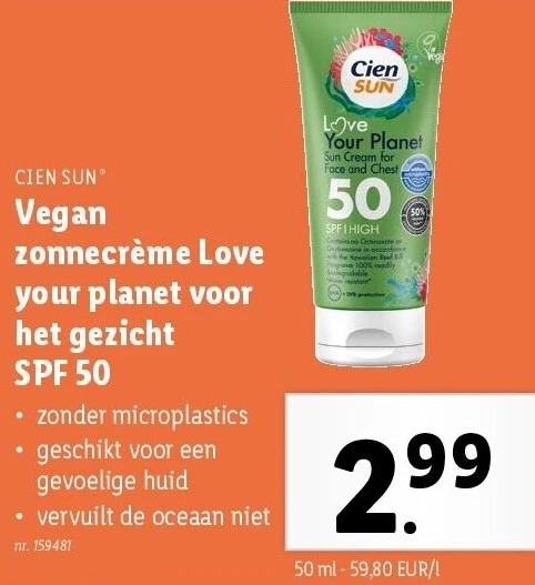Vegan zonnecrème Love your planet voor het gezicht SPF 50