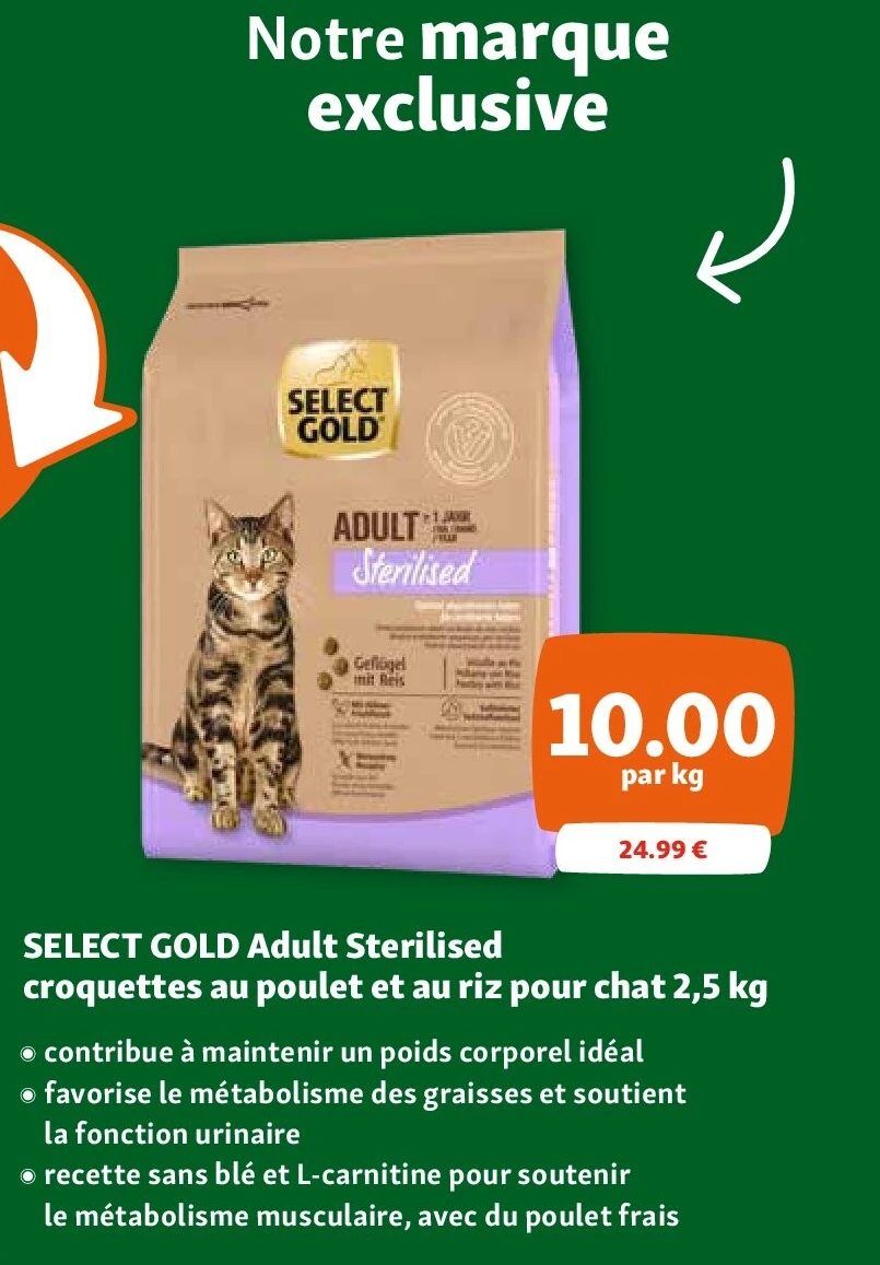 SELECT GOLD Adult Sterilised croquettes au poulet et au riz pour chat 2,5 kg