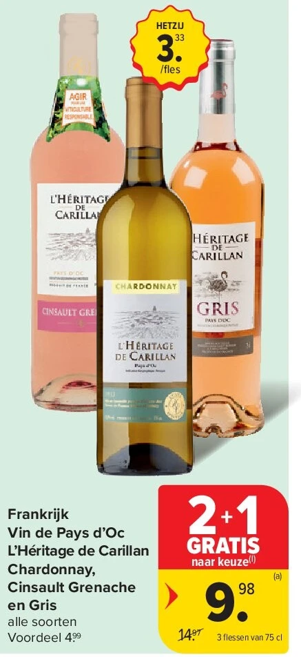 Frankrijk Vin de Pays d’Oc L’Héritage de Carillan Chardonnay, Cinsault Grenache en Gris