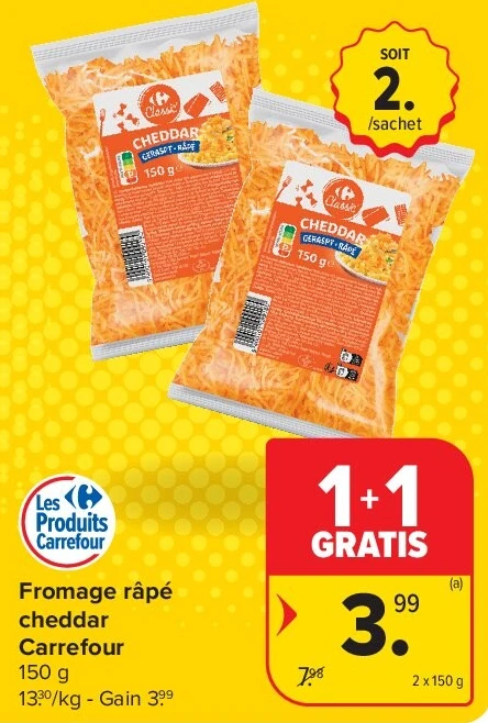 Fromage râpé cheddar Carrefour 2 x 150 g