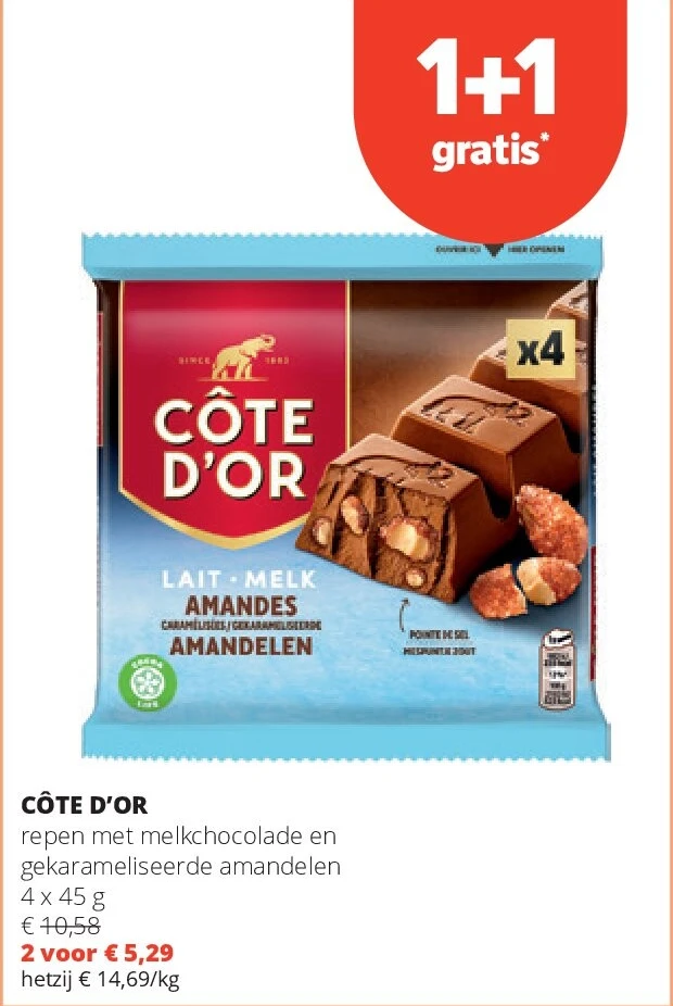 CÔTE D’OR repen met melkchocolade en gekarameliseerde amandelen 4 x 45 g
