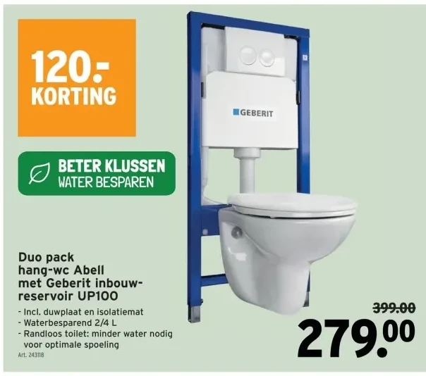 Duo pack hang-wc Abell met Geberit inbouwreservoir UP100
