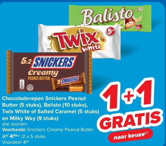 Chocoladerepen Snickers Peanut Butter (5 stuks), Balisto (10 stuks), Twix White of Salted Caramel (5 stuks) en Milky Way (9 stuks)