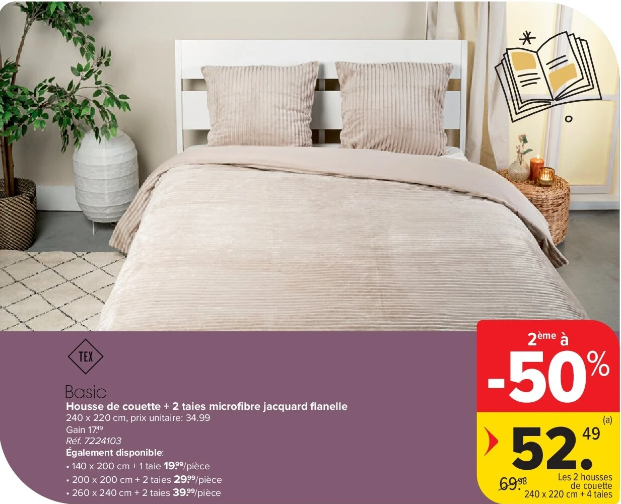 Housse de couette + 2 taies microfibre jacquard flanelle 240 x 220 cm