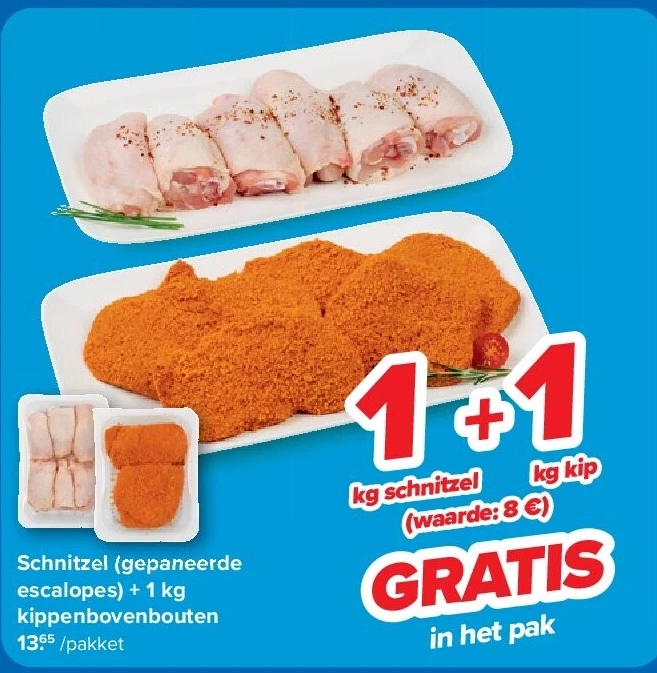 Schnitzel (gepaneerde escalopes) + 1 kg kippenbovenbouten