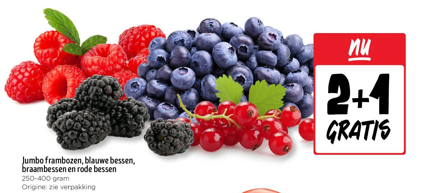Jumbo frambozen, blauwe bessen, braambessen en rode bessen