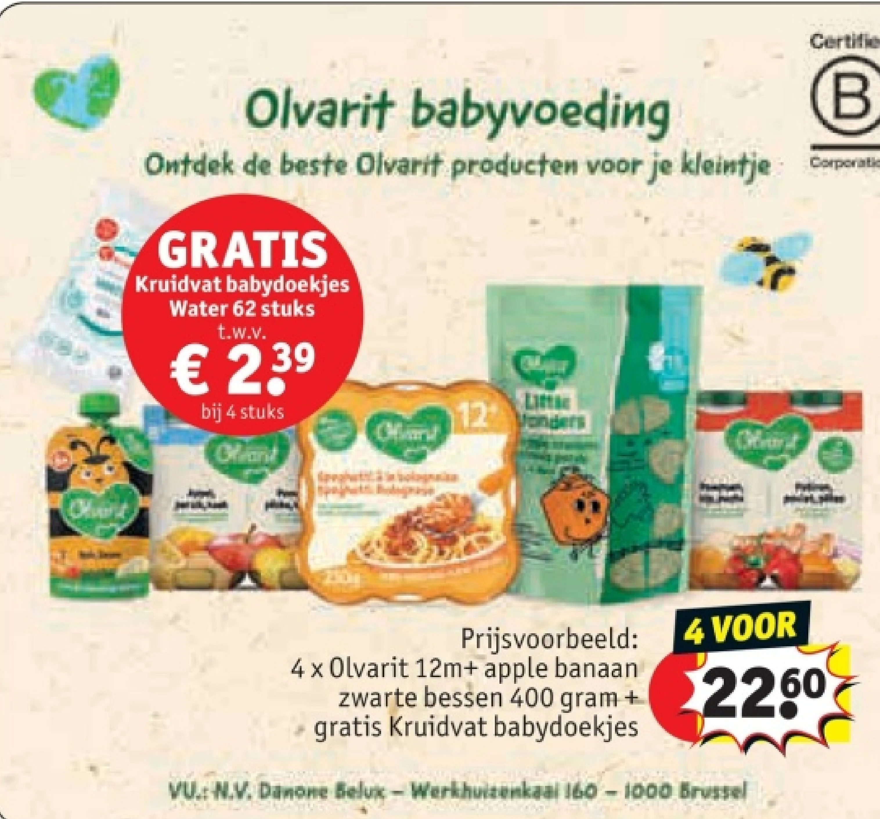 4 x Olvarit 12m+ apple banaan zwarte bessen 400 gram + gratis Kruidvat babydoekjes