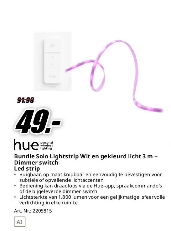 Bundle Solo Lightstrip Wit en gekleurd licht 3 m + Dimmer switch Led strip