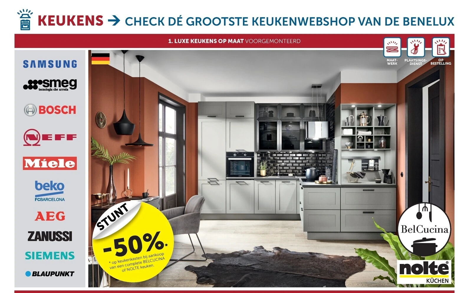 op keukenkasten bij aankoop van een complete BELCUCINA of NOLTE keuken.