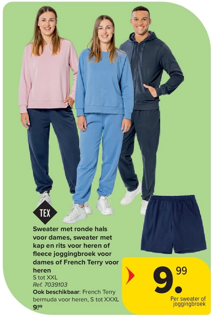 Sweater met ronde hals voor dames, sweater met kap en rits voor heren of fl eece joggingbroek voor dames of French Terry voor heren