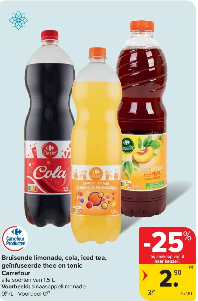 Bruisende limonade, cola, iced tea, geïnfuseerde thee en tonic Carrefour