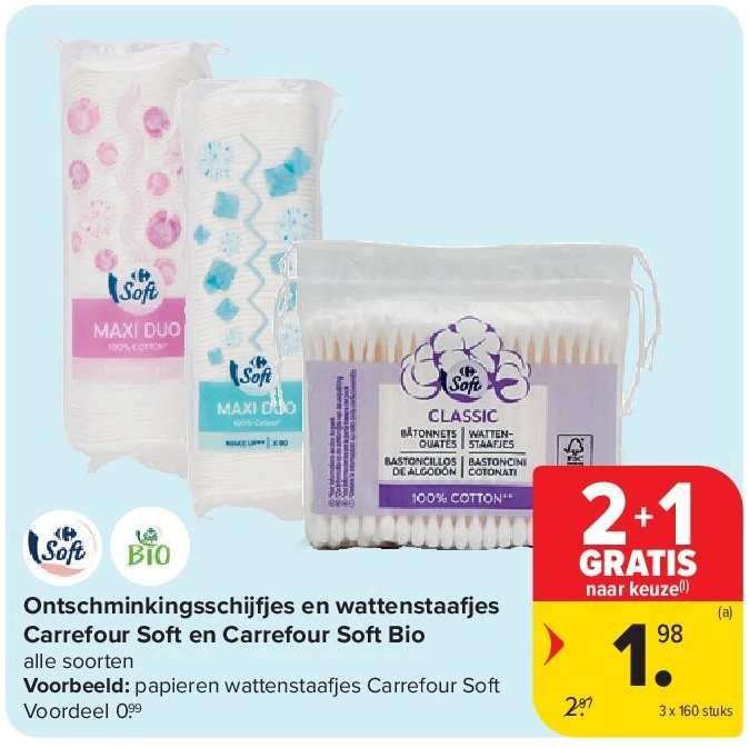 Ontschminkingsschijfjes en wattenstaafjes Carrefour Soft en Carrefour Soft Bio