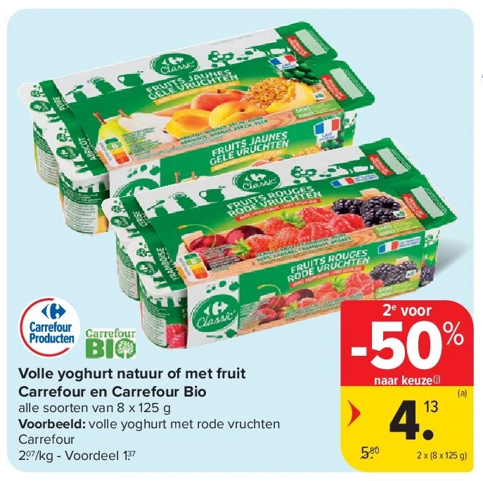 Volle yoghurt natuur of met fruit Carrefour en Carrefour Bio