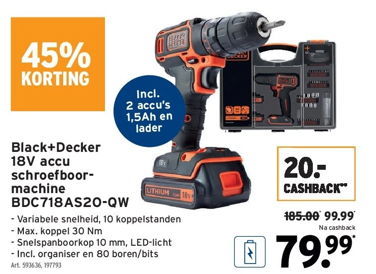 Black+Decker 18V accu schroefboormachine BDC718AS2O-QW