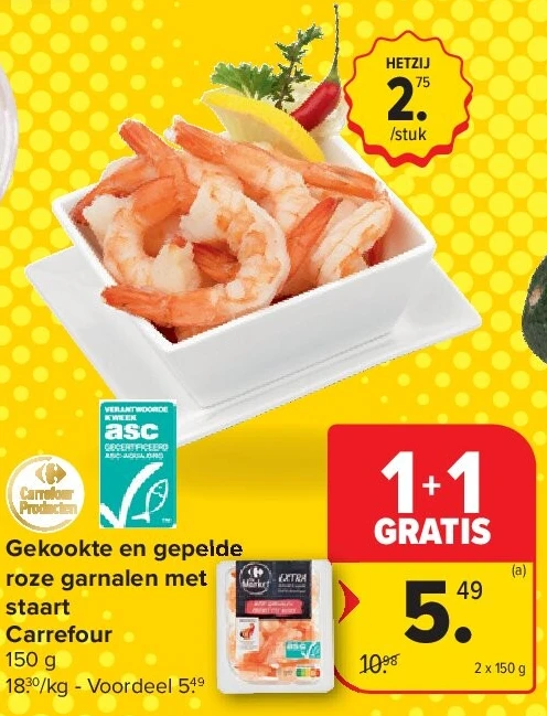 Gekookte en gepelde roze garnalen met staart Carrefour