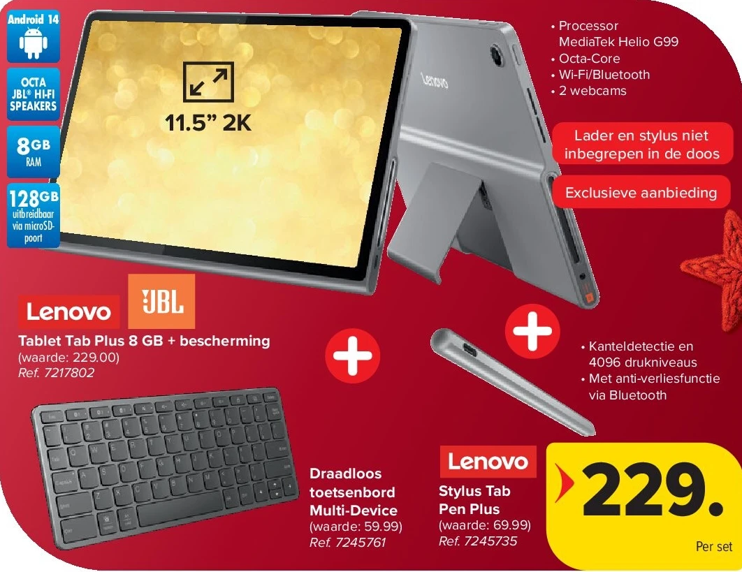 Lenovo Tablet Tab Plus 8 GB + bescherming + Draadloos toetsenbord Multi-Device + Lenovo Stylus Tab Pen Plus
