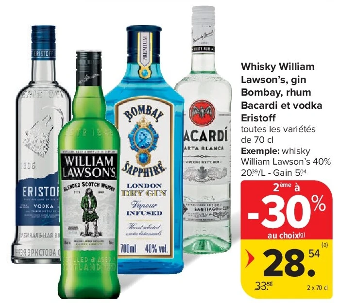 Whisky William Lawson’s, gin Bombay, rhum Bacardi et vodka Eristo