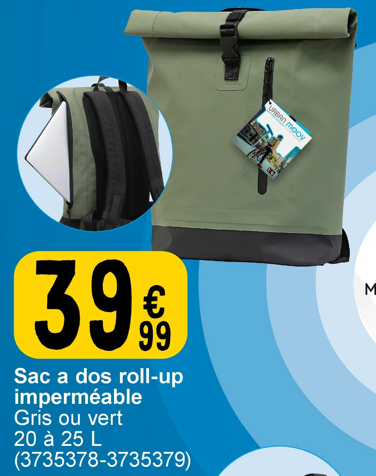 Sac a dos roll-up imperméable Gris ou vert 20 à 25 L
