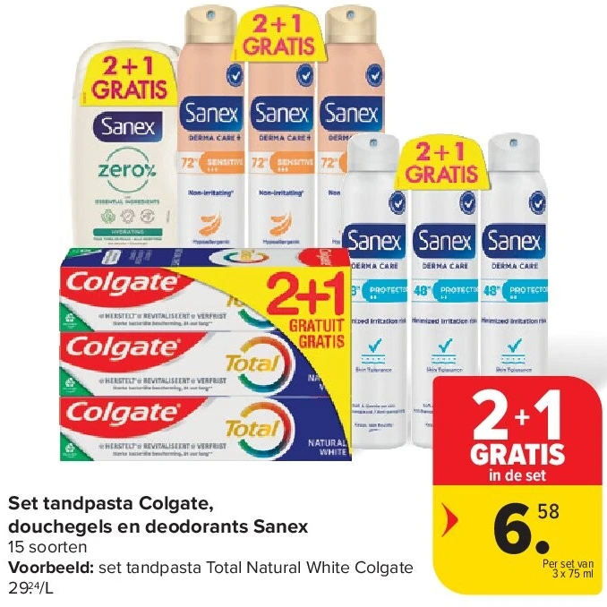Set tandpasta Colgate, douchegels en deodorants Sanex