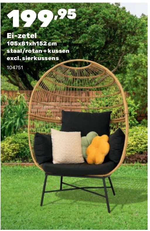 Ei-zetel 105x81xh152 cm staal/rotan + kussen excl. sierkussens