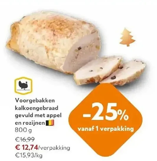 Voorgebakken kalkoengebraad gevuld met appel en rozijnen