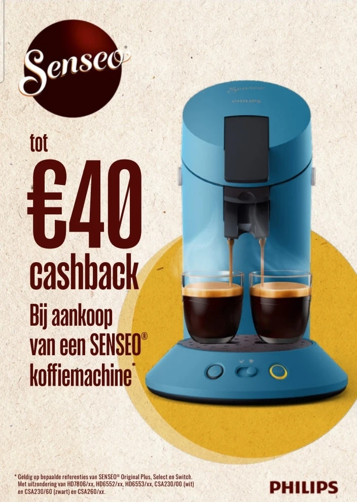 Tot €40 cashback op een Senseo koffiemachine.